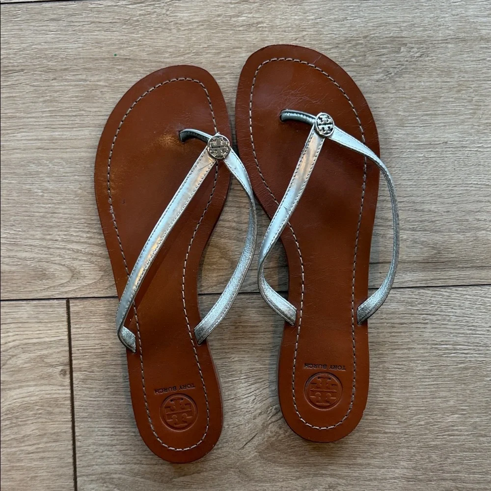 Tory Burch Brown Leather Sandals with Silver Straps